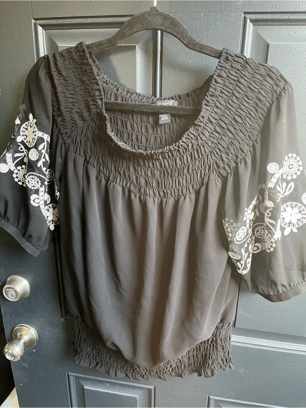 Alfani Black Peasant Top with White Floral Sleeve Embroidery